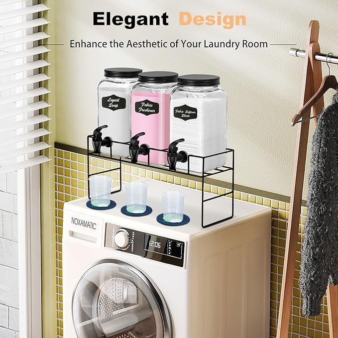 3-Pack 2.2L Glass Laundry Detergent Dispenser Set with Stand - Premium Liquid Soap Dispenser with PP Spigots, Measuring Cups, and Chalkboard Labels for Laundry Room Organization and Storage