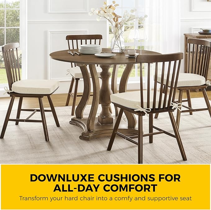 downluxe Indoor Chair Cushions for Dining Chairs, Soft and Comfortable Textured Foam Kitchen Chair Pads with Ties and Non-Slip Backing, 16" x 16" x 2", Beige, 4 Pack