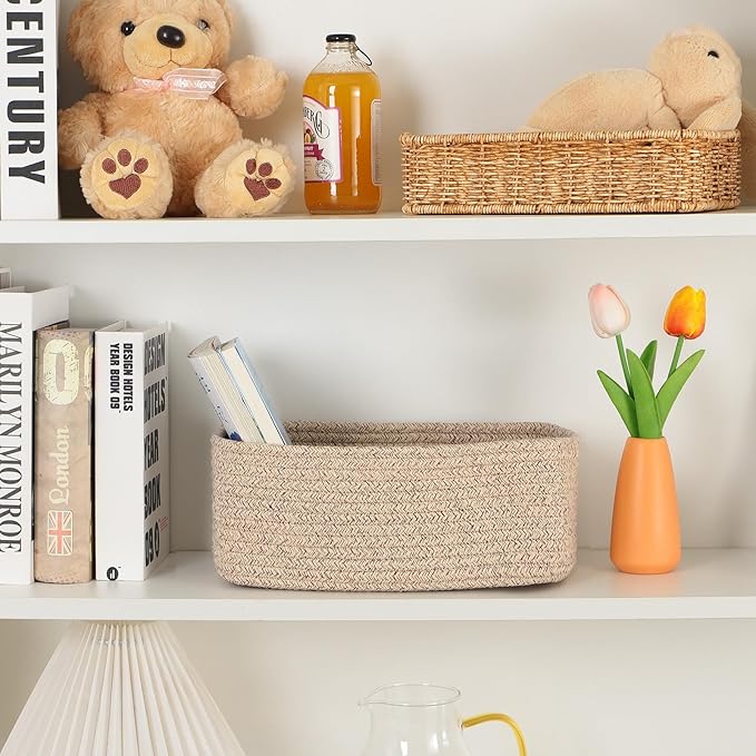 Small Storage Baskets for Organizing | Closet Organizer Bins | Shelf Toy Basket | Woven Rope Baskets | Cube Decorative Box | Shallow Basket | 11.5x7.5x4.7” | 3 Packs Mixed Brown