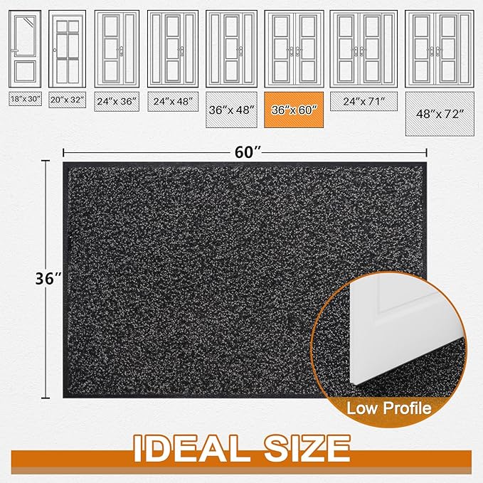 Mibao Front Door Mat, Dirt Trapper Welcome Mat for Outdoor Indoor, Non-Slip Waterproof Doormat, Durable Machine Washable Low Profile Entry Rug for Back Door Outside Patio Porch, 60" x 36", Black