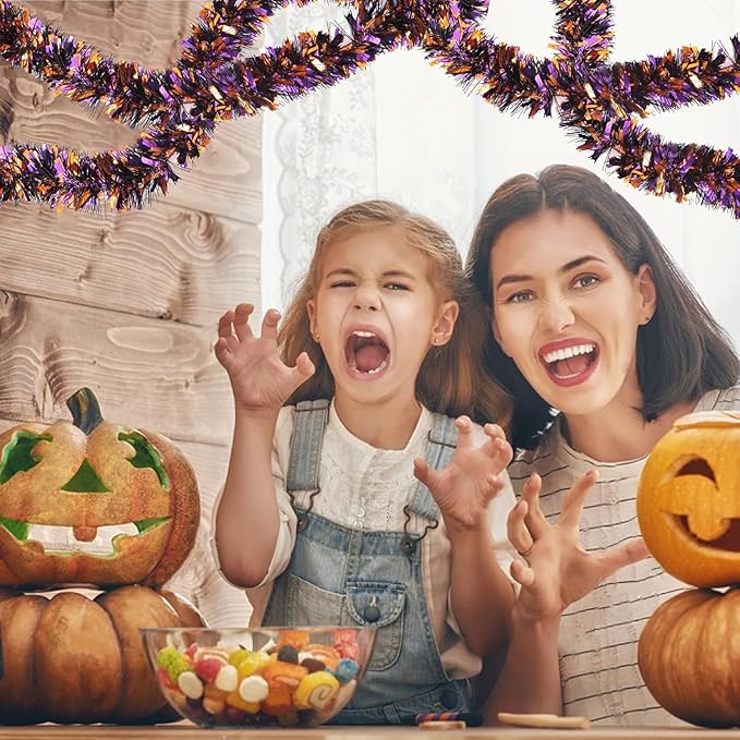 SAOROPEB 4 Pieces 26.4 Ft Halloween Tinsel Garland Metallic Shiny Twist Garland Hanging Decorations for Halloween Party Indoor and Outdoor Decor - Black Orange and Purple