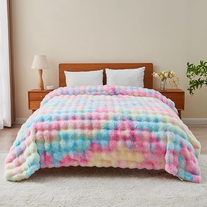 RYNGHIPY Faux Fur Throw Blanket Tie Dye Colorful Rainbow Blanket for Couch Plush Fluffy Faux Rabbit Fur Decoration Blanket for Sofa Chair Bed (Rainbow, 51''x63'')