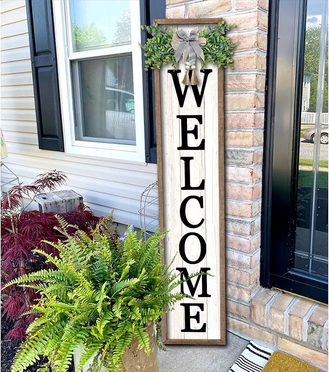 Surfapans Welcome Sign for Front porch Standing 45"X9"Large Wood Frame Outdoor Tall Welcome Signs Vertical Decor for Farmhouse Rustic Home Modern Outside Front Door Wall Decorations (Wood White)
