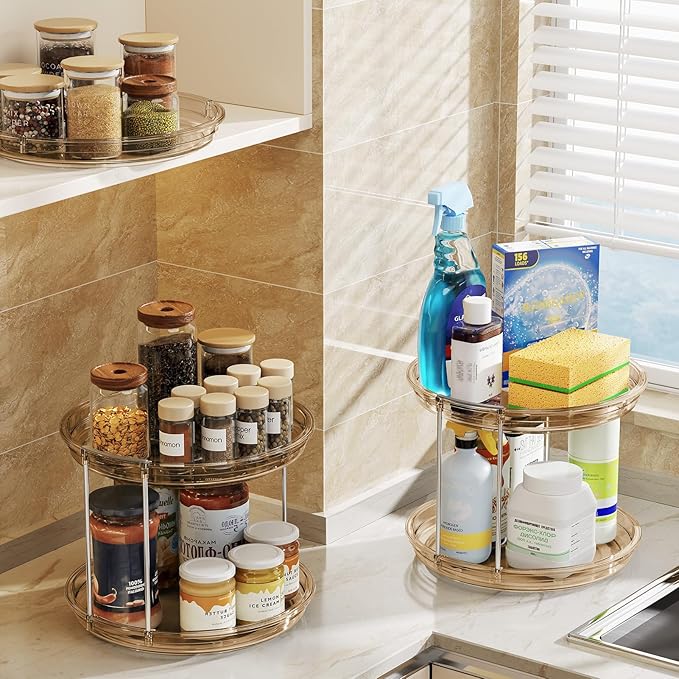 LAMU 2 Pack 2 Tier Lazy Susan Turntable Organizer 9.25'' Rotating Spice Rack Organization for Cabinet, Kitchen, Pantry, Countertop, Bathroom, Vanity, Medicine Cabinet Organizer, Amber