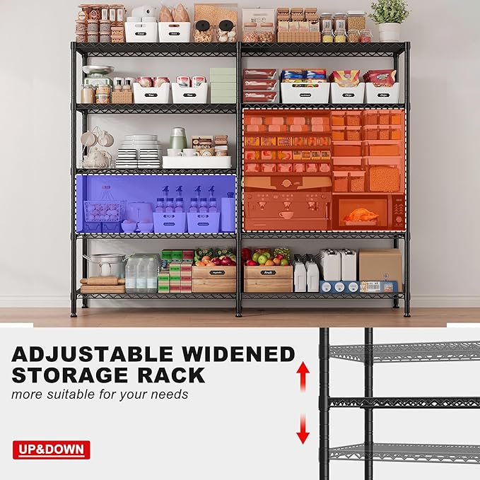 REIBII 1500LBS Storage Shelves Metal Shelving Unit 61.7''W Wire Shelving, 5 Tier Pantry Shelves Kitchen Shelves Adjustable Wire Shelf for Garage Shelving Heavy Duty, 61.7" W*72.4" H*15.8" D