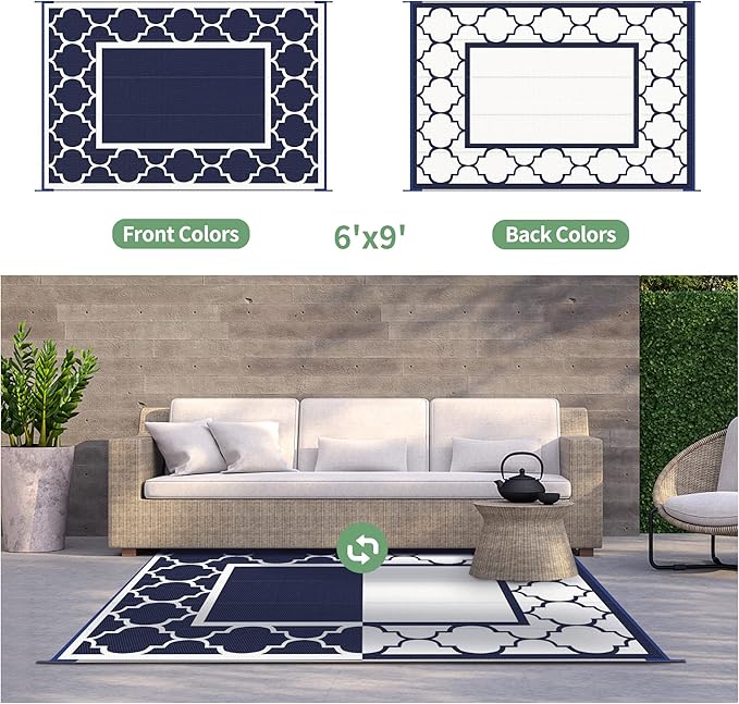 GENIMO 6' x 9' Outdoor Rug Waterproof for Patio Fall Decor, Foldable Reversible Plastic Straw Area Rugs Mat for Camper, Outside Carpet for Rv, Deck, Porch, Picnic, Beach, Balcony, Blue & Grey