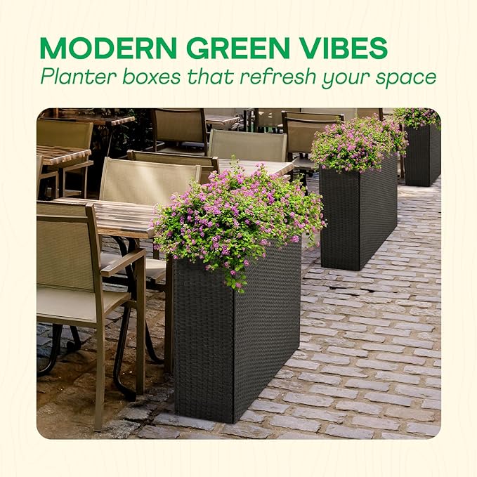 IDZO All Weather Wicker Planter Raised Garden Bed, 24 in Tall Round Rattan Flower Pots, Durable Self-Watering Indoor Outdoor Wicker Planters for Porch Patio Balcony