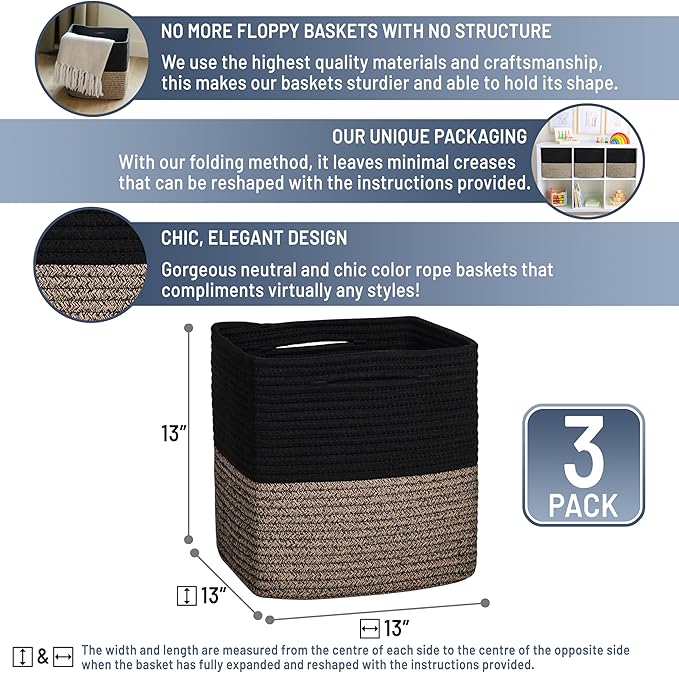 NaturalCozy 13 Inch Cube Storage Bins Cotton Rope Woven Baskets for Organizing 3-Pack | 13 x 13 Storage Cubes | Fabric Square Storage Baskets for Shelves Organizer, Kids Toy Bins, Closet Baby Nursery