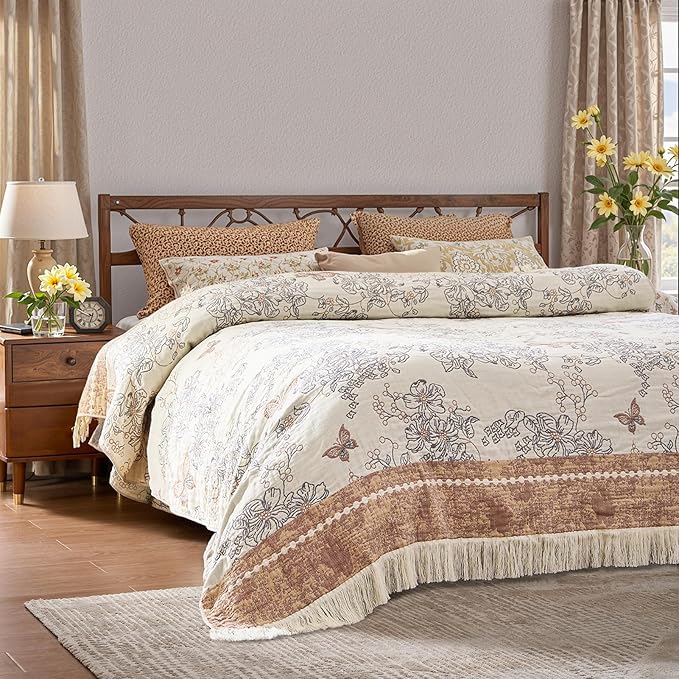 JINCHAN Boho Floral 100% Cotton Blanket 4-Layer Throw Blanket with Tassel Taupe and White Flower Butterfly Soft Luxury Rustic Farmhouse Decor Blanket for Couch Bed 80x90 inch All Season gift for women
