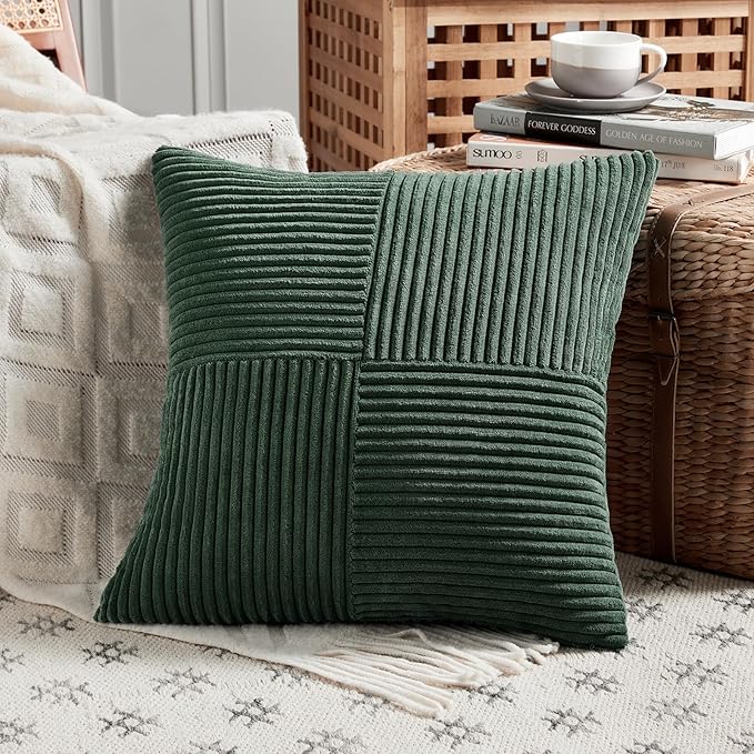 Fancy Homi Set of 2 Dark Green Samll Decorative Throw Pillow Covers 12x12 Inch for Living Room Couch Bed, Boho Farmhouse Forest Green Home Decor, Soft Corss Corduroy Patchwork Textured Cushion Case
