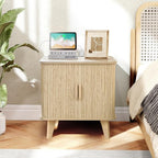 Farmhouse Square End Table with Charging Station, 24" Large Fluted Sofa Side Table with Sliding Tambour Door and Storage, Rustic Curved Wood Nightstand for Living Room, Bedroom, Natural
