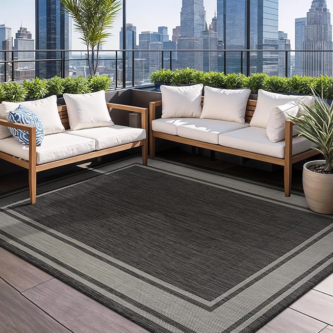 Beverly Rug Large Outdoor Rug 9x12 Modern Bordered Area Rugs for Indoor and Outdoor Patio Deck Porch Garden Waterproof Weather Sun Resistant Washable Outside Carpet (9 x 12 Dark Gray)
