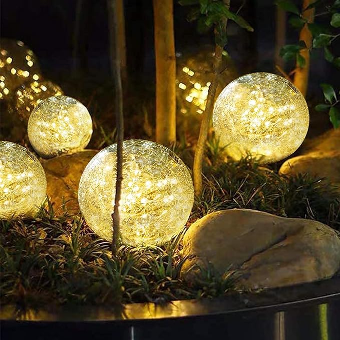 Solar Garden Lights Outdoor Waterproof, 6 Pack LEDs Cracked Glass Ball Light, Ground Landscape Garden Decor, Solar Globe Decorative for Pathway/Patio/Lawn/Yard (Warm White, 3.9")