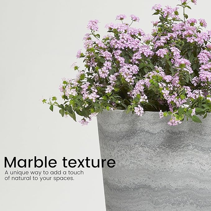 Worth Garden 2-Pack Grey Matte Texture Round Tapered Planter - 24.5" H. Tall Plastic Plant Pots with Drain Hole for Indoor Outdoor - Modern Decorative Flower Pots for Front Porch, Patio, Deck