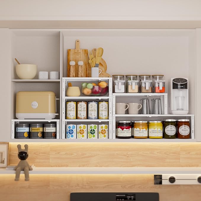 Expandable Spice Rack,Stackable Storage for Cabinet, Multi-Functional Kitchen Shelving,Height-Adjustable,Sustainable Organizer Solution(1Pack/White/Large)