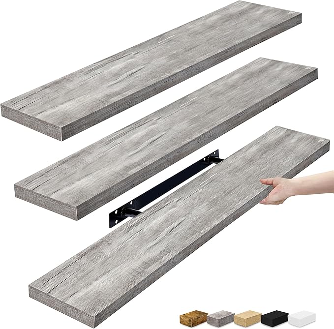 Sorbus Floating Shelves for Wall - 35 Inch Long Bathroom Shelves, Wall Decor for Bedroom, Kitchen, Living Room & Book Storage - Mounted Floating Shelf with Invisible Brackets (Gray, 3 Pack)