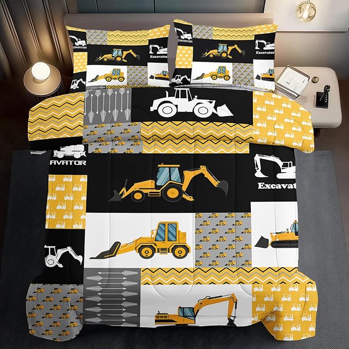 Construction Comforter Set King Boys,Yellow King Construction Bedding Set,Engineering Vehicles Comforter Yellow Bedroom Decor Kids,Truck Quilt Cartoon Truck Bedding for Teen