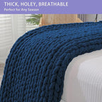 Bigacogo Chunky Knit Throw Blanket for Couch, 60x80 inches, 100% Hand Knitted with Thick Jumbo Chenille Yarn, Cozy Soft Large Rope Knot Cable Crochet Blankets for Sofa Bed Living Room, Navy Blue