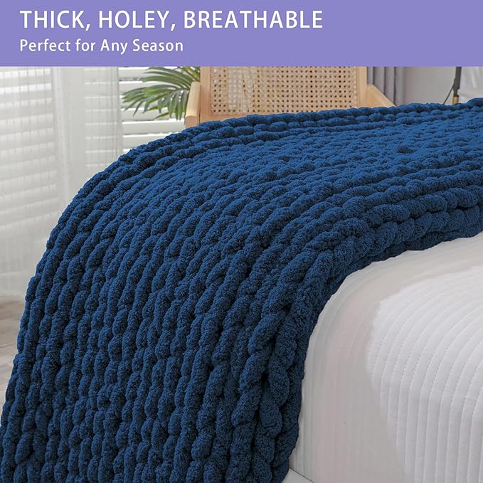 Bigacogo Chunky Knit Throw Blanket for Couch, 51x63 inches, 100% Hand Knitted with Thick Jumbo Chenille Yarn, Cozy Soft Large Rope Knot Cable Crochet Blankets for Sofa Bed Living Room, Navy Blue