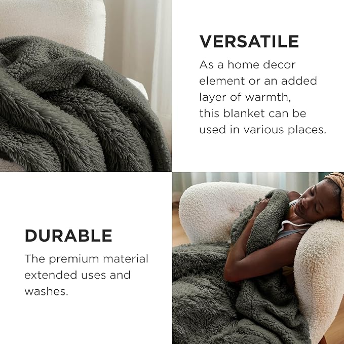 Bedsure GentleSoft Fluffy Olive Green Blankets Queen Size for Bed, Thick Sherpa Faux Fur Fleece Fuzzy Plush Winter Warm Soft Queen Blankets, Bedroom Olive Green Decor Cozy Gifts for Women Men, 90x90