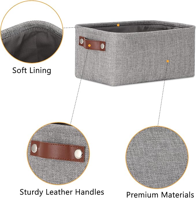 DULLEMELO Small Storage Baskets 11.8"x7.9"x5.1", Fabric Storage Bins for Shelves,Closets,Nursery,Home,Office [3 Pack], Collapsible Storage Baskets with Leather Handles (Gray)