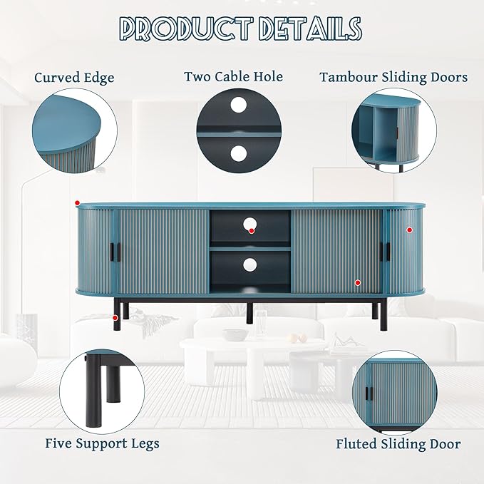 62" Tambour Door TV Stand,Wood Mid Century Modern TV Cabinet for Up to 75“ TV,Curved Edge Long TV Stand with Storage for Bedroom Living Room(62.2inch,Blue)