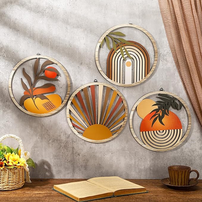 Qunclay 4 Pieces Boho Wall Art Wooden Bohemian Wall Decor Hanging Art Nursery Decor Farmhouse Geometric Hanging 10 Inch Aesthetic Wood Minimalist for Apartment Bedroom(Stylish)