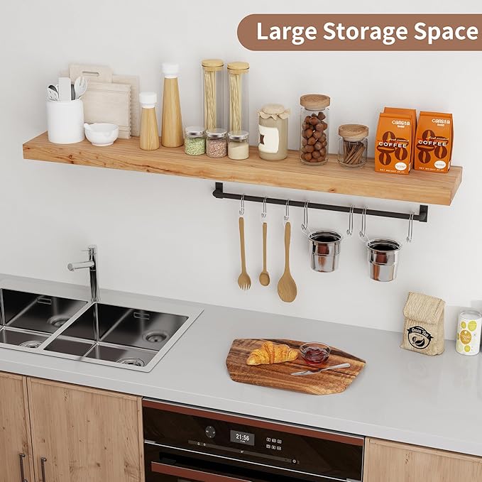 Axeman Floating Shelves for Wall, Rustic Elm Wood 56''W x 8" D Wall Shelf with Invisible Bracket, Large Long Wall Mounted Storage Shelves for Living Room, Bedroom, Kitchen, Bathroom Decor, Natural