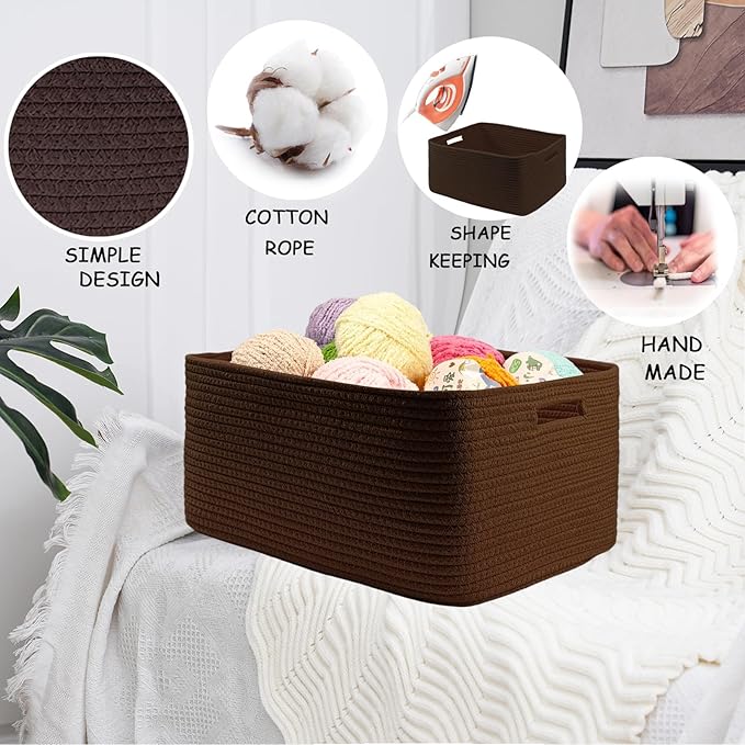 COMFY-HOMI Cotton Rope Woven Basket with Handles for Shelves,Toys,Book, Cloth Storage Baskets for Organizing-17" x 13" x 7.5" Toy Decorative Organizer for Living Room, Bathroom （dark brown）