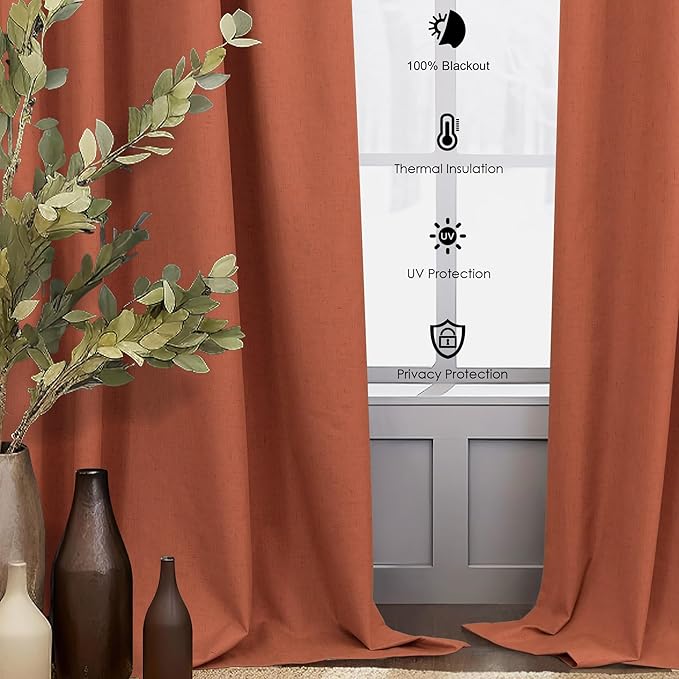 Patio Sliding Glass Doors Curtains 108 Inches Long 2 Panel Blackout Linen Textured Bohemian Autumn Fall Decorations Hippie Decorative Thermal Drapes for Summer Heat Light Blocking Black Out Terracotta