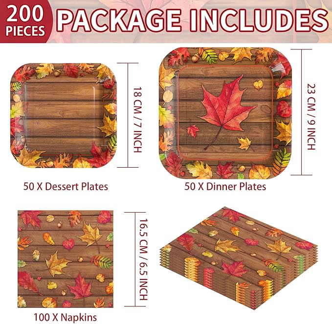 200Pcs Fall Party Decorations Watercolor Autumn Maple Leaves Paper Plates and Napkins Thanksgiving Wooden Grain Tableware Sets for Holiday Harvest Birthday Wedding Dinner Party Supplies Serves 50