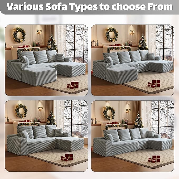 HYJT-H&K Modular Sectional Sofa Cloud Secttional Couch, 107" Comfy L Shaped Couches for Living Room, Deep Seat Memory Foam Fluffy Plush Corduroy Boneless Couch Sectionals Right Facing Sofa Chaise Grey