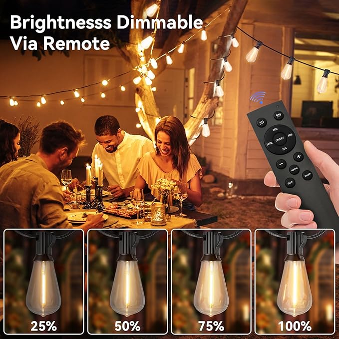 100 FT Outdoor String Lights for Outside, IP65 Waterproof ST38 LED Shatterproof Bulbs, Dimmable & Timable, 3 Light Modes, Hanging Patio Edison Lights for Porch Backyard Cafe Bistro
