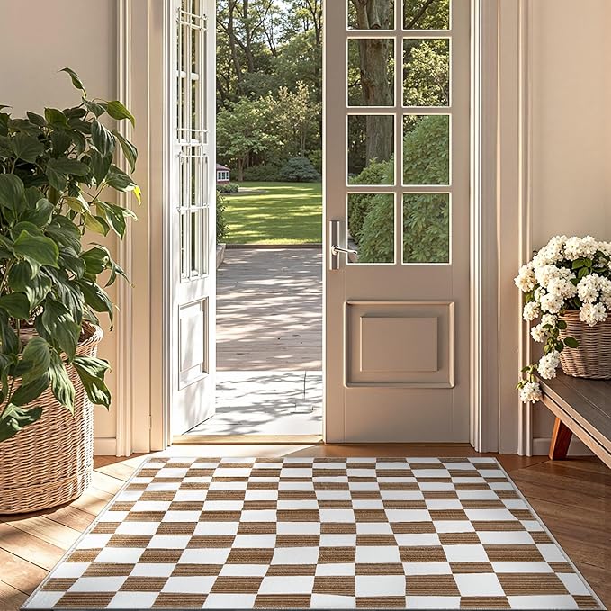 jinchan 3x5 Brown Checkered Area Rugs for Kids Room - Machine Washable Rug Modern Neutral Geometric Lattice Soft Non-Slip Carpet for Nursery Playroom Bedroom Entryway Living Room Home Office