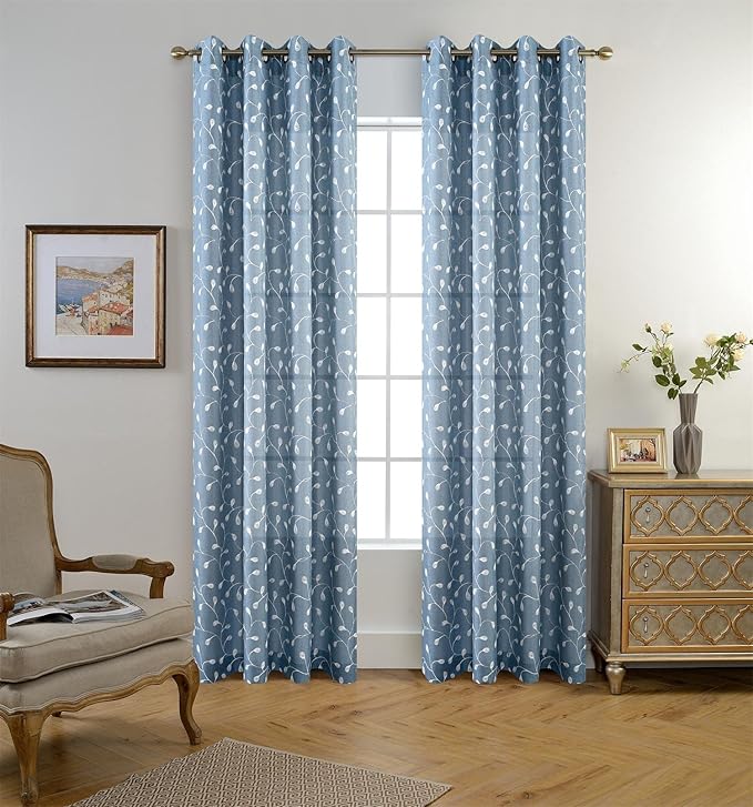 MIUCO Floral Embroidered Semi Sheer Curtains Faux Linen Grommet Curtain Set for Bedroom 52 x 95 Inch, Dusty Blue