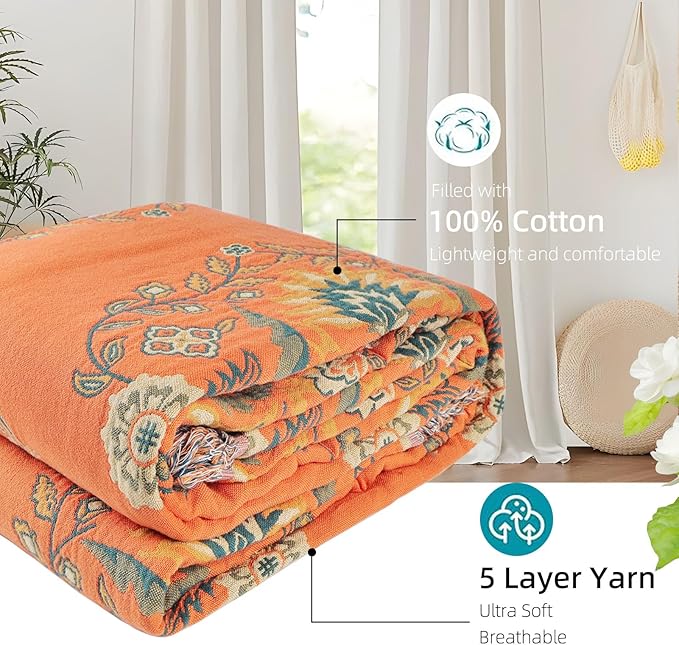 Boho Throw Blanket for Bed - 100% Pure Cotton Ultra Soft Rustic Quilt - Farmhouse Decor Bed Blankets, All Season Rustic Throw for Sofa Couch Chair(80''x 90'', Boho)