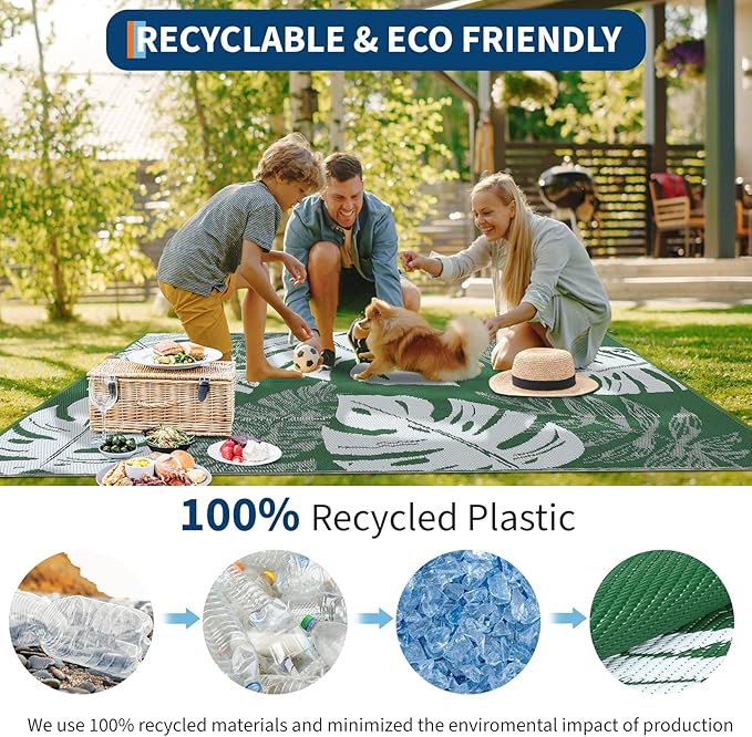 GAOMON Waterproof Plastic Straw Rug 9x12 Outdoor Patio Rug, Reversible Modern Camping Mat with Bag & Stakes, UV Resistant & Easy to Clean Outdoor Carpet for RV, Deck, Balcony, Green
