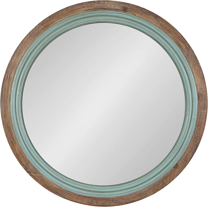 Kate and Laurel Palmer Rustic Farmhouse Round Wooden Mirror, 26 Inch Diameter, Blue and Rustic Brown, Modern Circle Decorative Wall Mirror with Paint Distressing