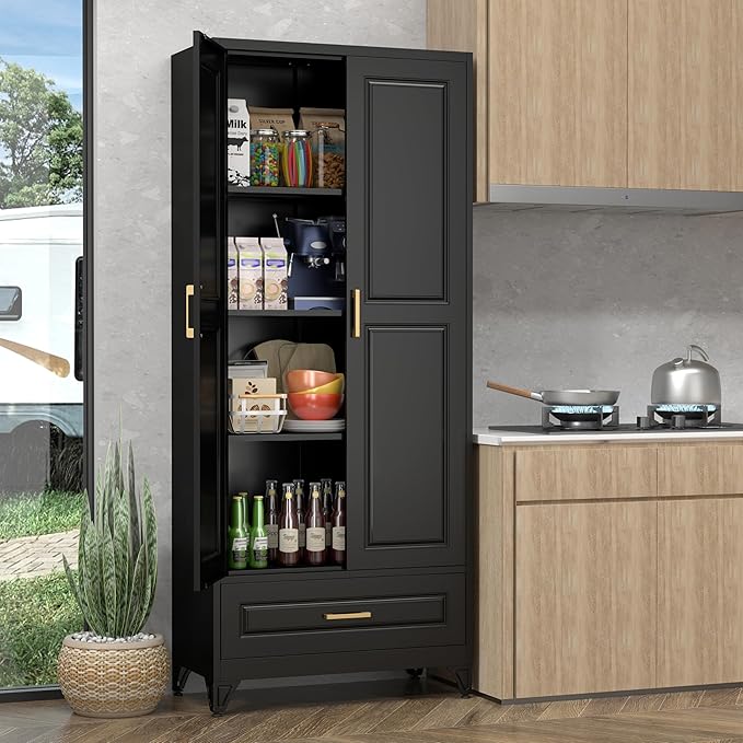 Pantry Kitchen Cabinet with Drawer, 75" Tall Pantry Storage Cabinet, Metal Storage Cabinets with Doors and Shelves, Large Freestanding Cupboard for Dining Room, Assembly Required, Black