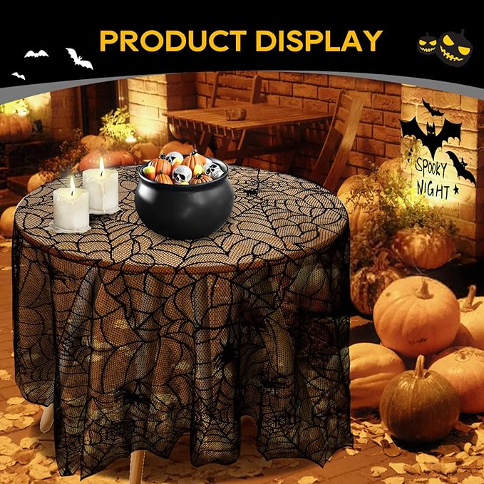 eZAKKA Round Halloween Tablecloth, 70 Inch Spider Webs Tablecloths Black Tablecloth Lace Fabric Table Cloths Spooky Table Cover for Parties Gothic Halloween Home Decorations