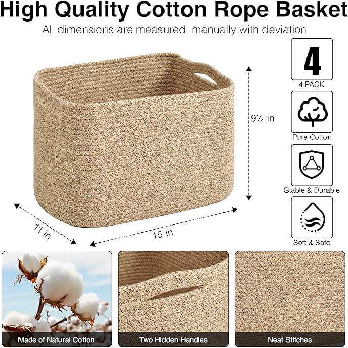 Storage Baskets for Organizing & Shelves, Woven Cotton Rope Organization Bins for Dog Toys, Clothes, Books, Nursery Organizer, 15" Lx11''Wx9.5''H, (4 Packs) Brown