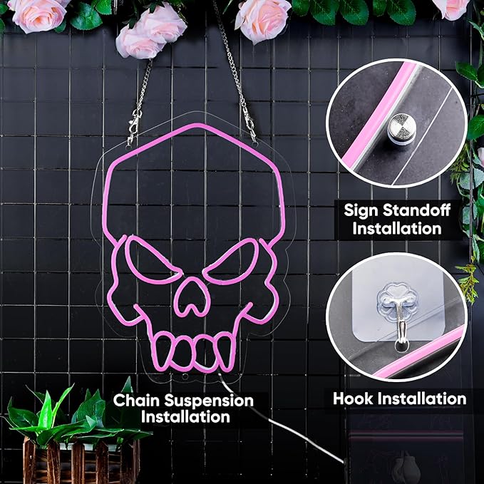 Skull Neon Sign Pink,Halloween Neon Light for Wall Decor, Skeleton LED Neon Sign for Beer Bar Bedroom Art,Skull Head Neon Lights Suitable for Computer Room,5V USB Power 15.75 * 11.8in(Non-Dimmable)
