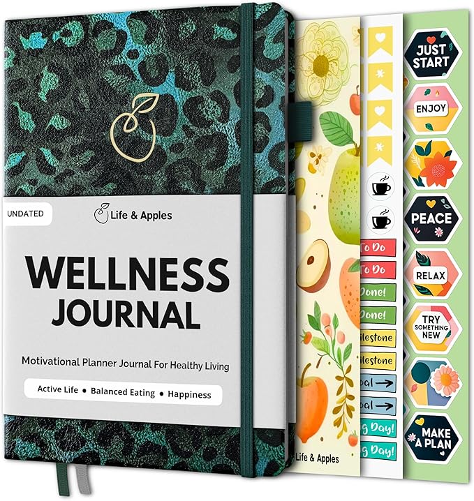 Life & Apples Wellness Journal Planner – Food Log, Fitness Tracker, Habit Tracker, Weight Loss Journal for Diet Tracking and Health Goals, Undated, Size A5, Leopard