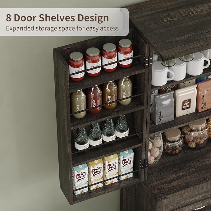 72'' Kitchen Storage Pantry Cabinet, Tall Storage Cabinet with 8 Door Shelves, 2 Cabinets and 1 Drawer, Freestanding Cupboard for Kitchen, Dining Room, Bathroom, Laundry, Living Room, Dark Rustic Oak
