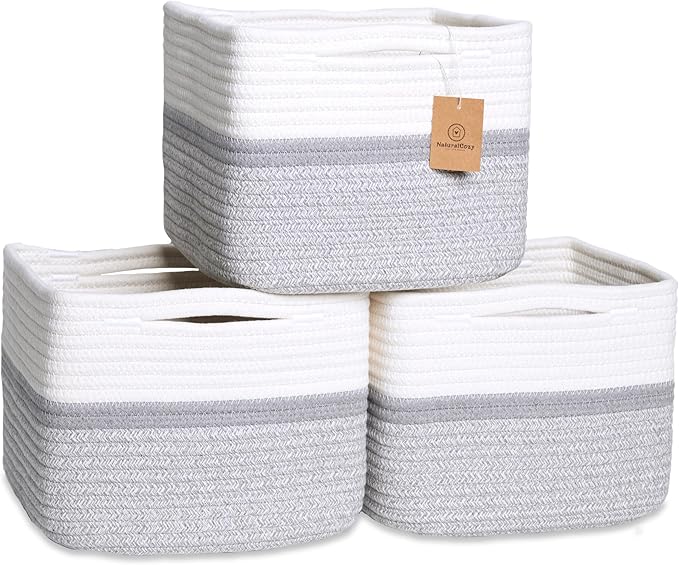 NaturalCozy Storage Cubes 9”x9”x7”Cotton Rope Woven Baskets for Organizing 3-Pack | 9 Inch Cube Storage Bin | Small Basket for Shelf Nursery, Pantry, Decorative Plant, Bathroom Closet, Toy Gift