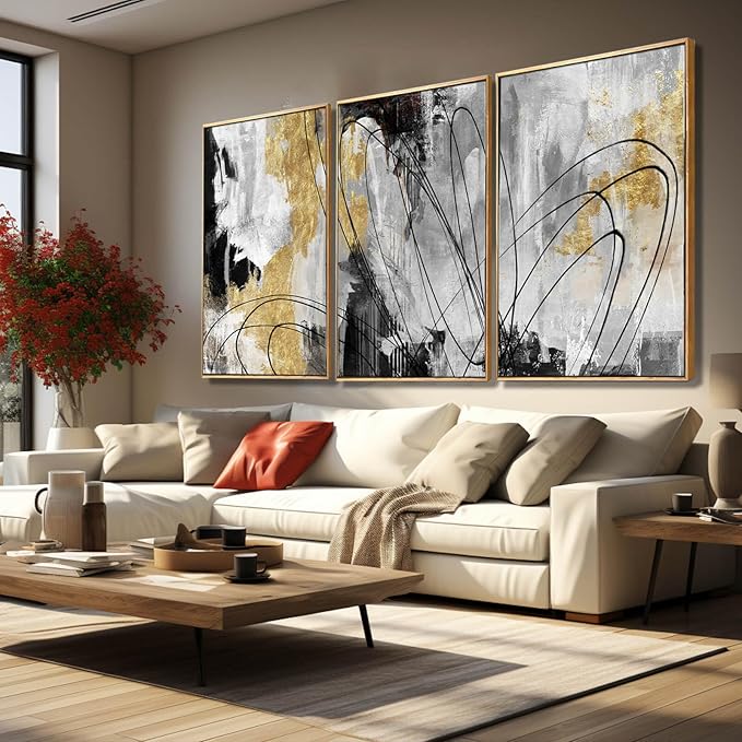 YJYart Gold Wall Art Abstract Wall Art Living Room Decor Black and White Canvas Picture Home Decor Wooden Frame Line Paintings Modern Artwork Office Decor 24"x 36"x 3 Pieces