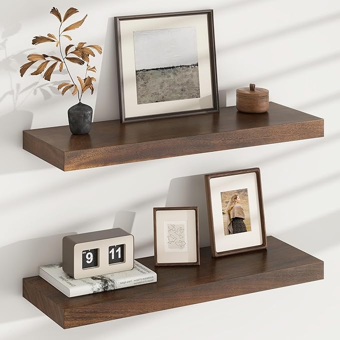 Floating Shelves for Wall, USA-Sourced Walnut Wood 24 Inch Wall Shelves Set of 2, Natural Wooden Wall Mounted Picture Ledge Shelf, Nursery Book Storage Shelf Kids Bookshelf, Display Shelf for Bathroom