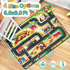 Kids 6x9 Ft Construction Site Play Rug, Baby Play Mat, Tufted Wool & Rubber, Non-Slip, Stain & Fade Resistant, Machine Washable, Rustic Cartoon Construction Site Pattern