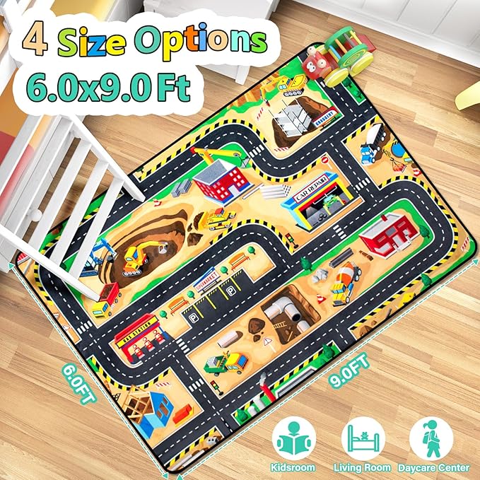 Kids 6x9 Ft Construction Site Play Rug, Baby Play Mat, Tufted Wool & Rubber, Non-Slip, Stain & Fade Resistant, Machine Washable, Rustic Cartoon Construction Site Pattern