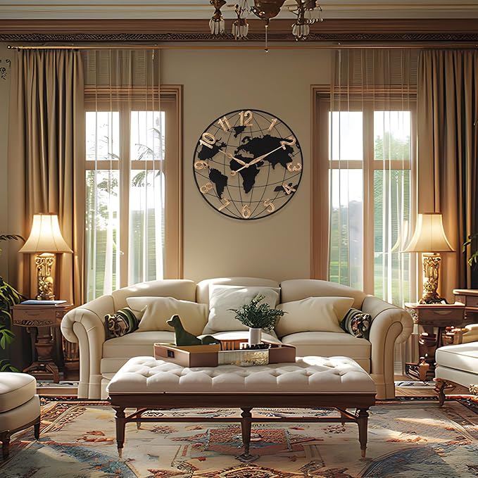 30 Inch Extra Giant Large Wall Clock Oversized,Black Big Metal Modern Decorative Silent World Map Wall Clock with Vintage Gold Arabic Numeral for Office,Living Room,Kitchen,Dining Room Decor